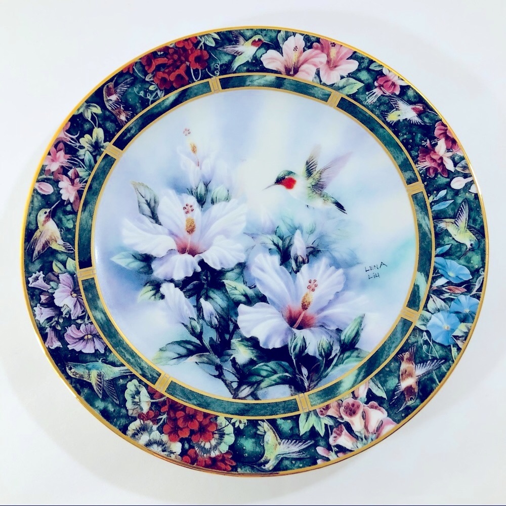 Vintage Floral Hummingbird Plate, Lena Liu, Limited Edition